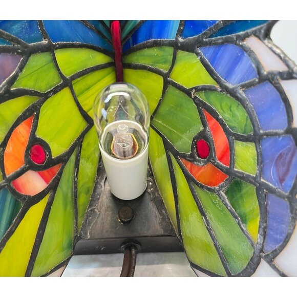 Tiffany Style Butterfly Accent Lamp Night Light Vintage Slag Glass Rose Base - Picture 11 of 16